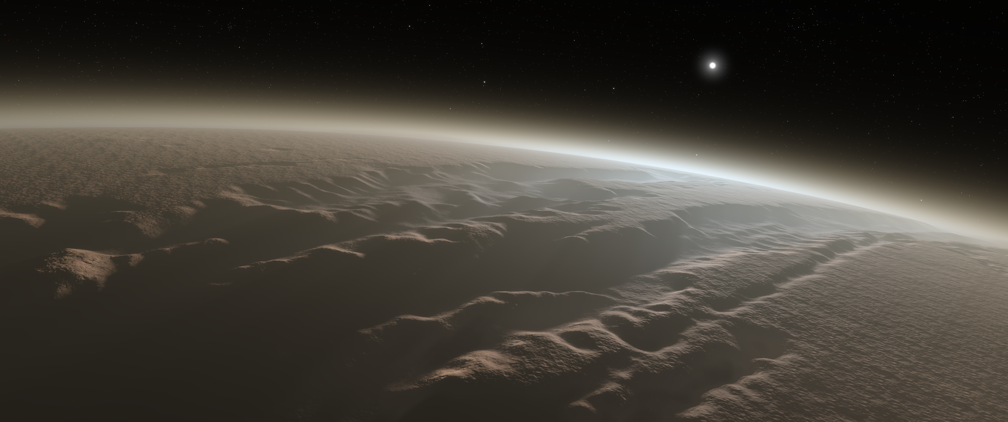 A hazy view of the Martian atmosphere with another glowing celestial body visible in the distance in Kitten Space Agency. - 7