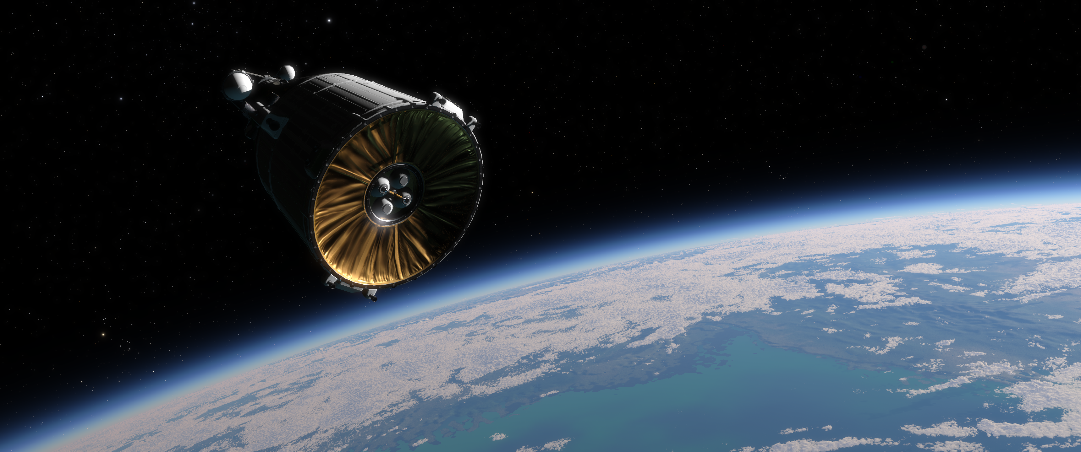 A spacecraft module orbiting Earth with its engine visible in Kitten Space Agency. - 5