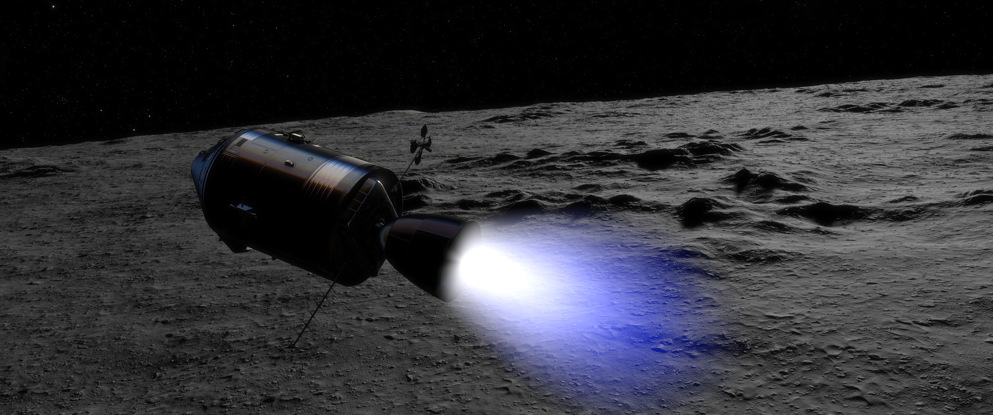 A view of a spacecraft with its main rocket active as it descends towards the Moon's surface in Kitten Space Agency.