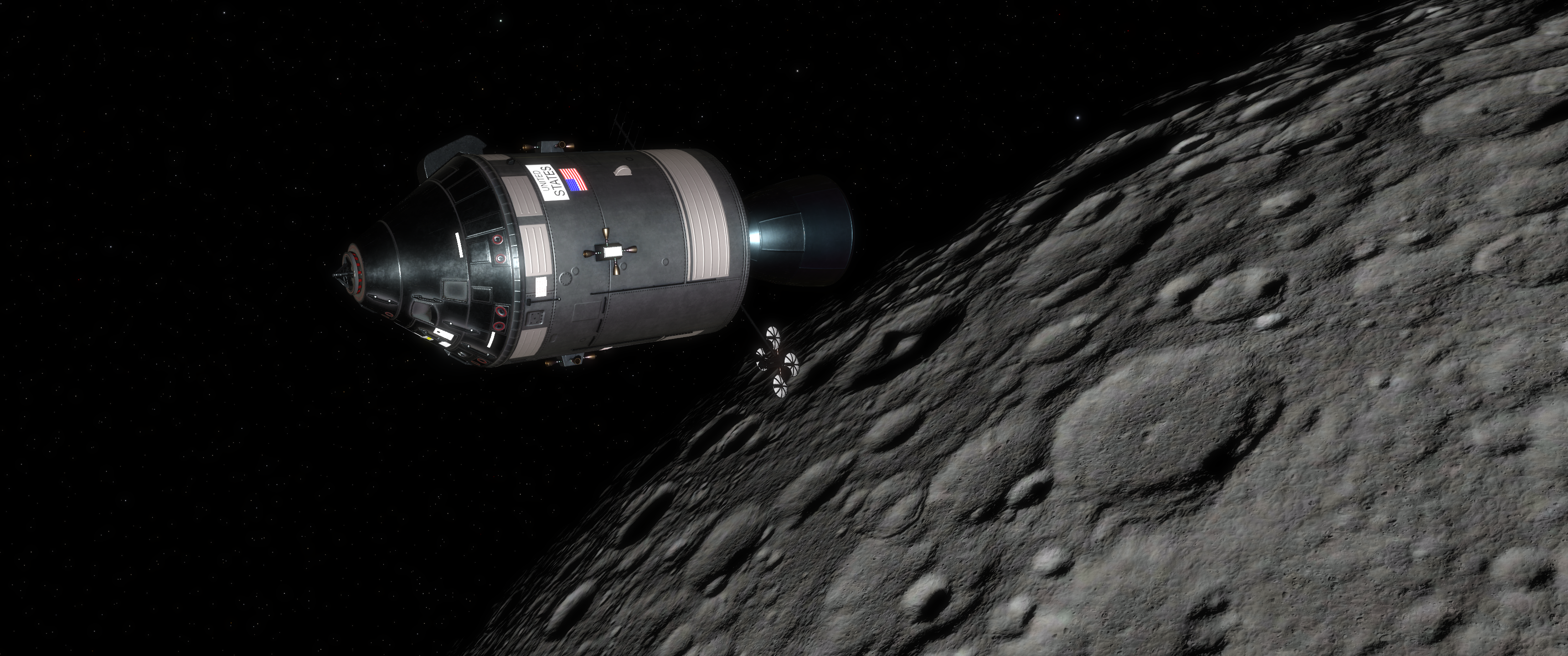 An Apollo-style craft flying quite low over the Moon's cratered surface towards the dark side in Kitten Space Agency. - 11