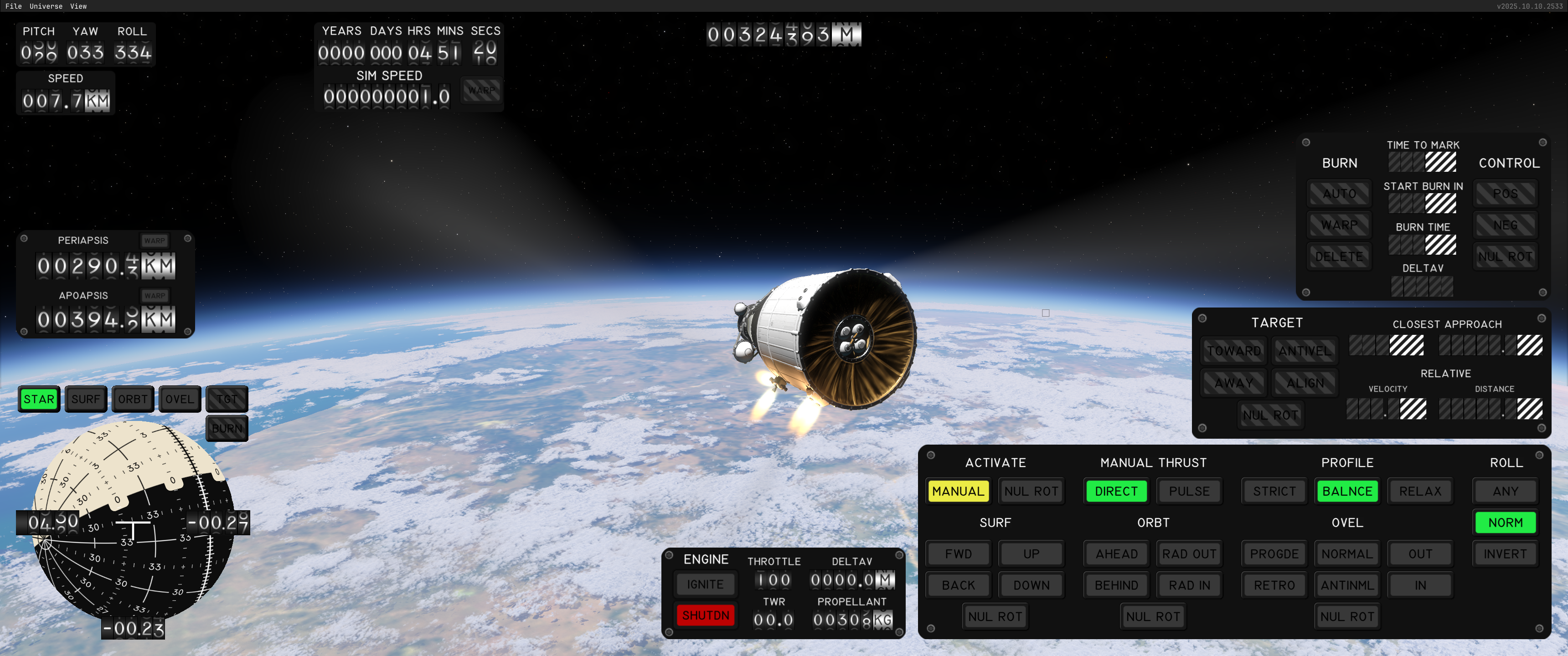 A screenshot of Kitten Space Agency showing a wealth of HUD elements with a spacecraft in the centre, orbiting Earth. - 10