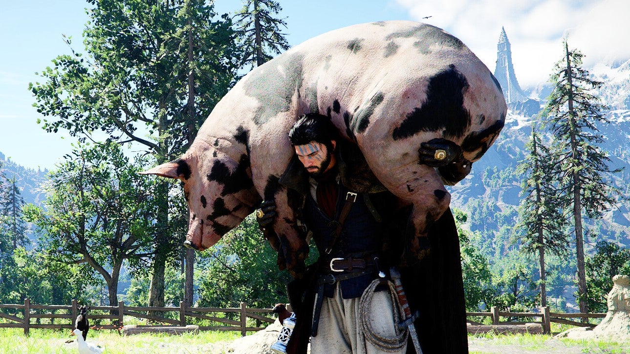 Kliff from Crimson Desert carries a pig over his shoulder