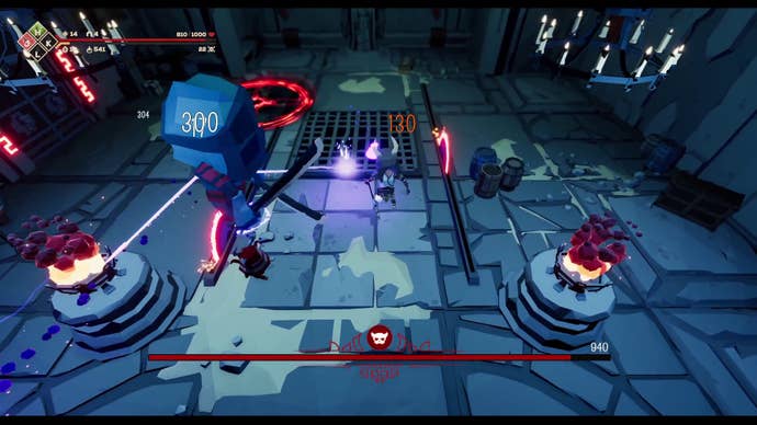 Taking on a boss in a stony dungeon in Knight Crawlers.