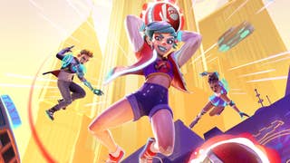 key art for Knockout City showing a dodgeballer dunking a shot
