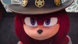 Extreme close up of Knuckles character, a red cartoon echidna, wearing a cowboy hat with stars on