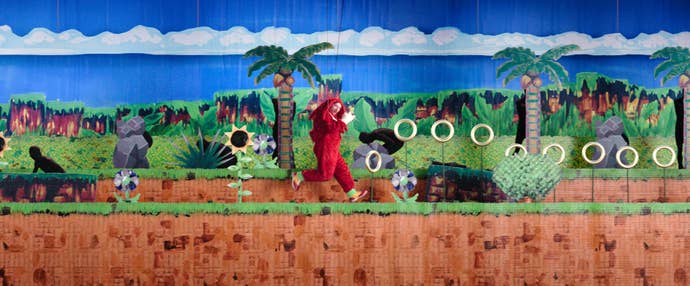 Knuckles, in live action, runs across a facsimile of Angel Island Zone, but it's all made of cardboard cut outs.