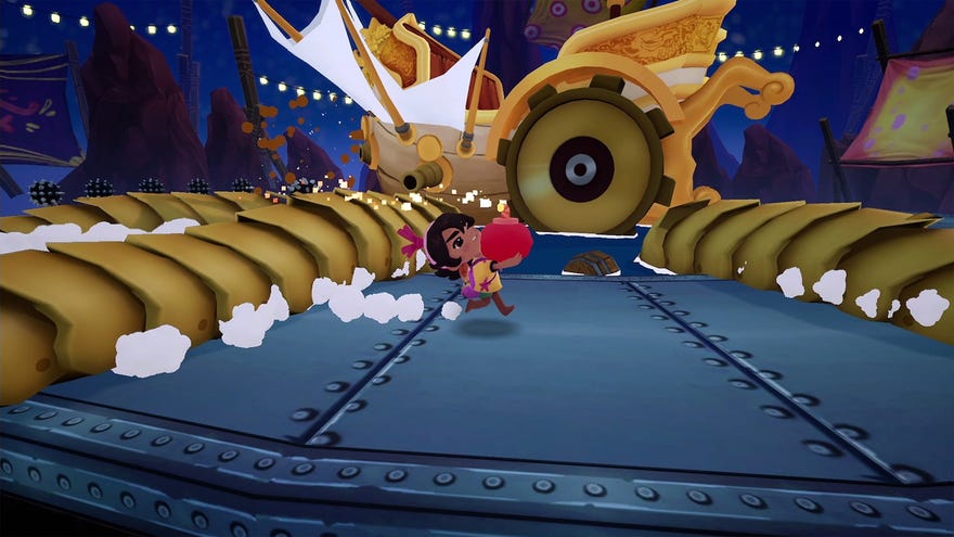 Little girl runs while carrying a bomb in a screenshot from Koa And The Five Pirates Of Mara