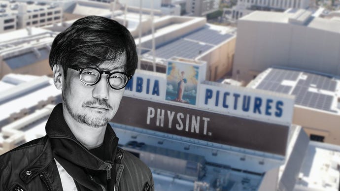 Black and white portrait of Kojima over the top of the Physint studios from Sony and Colombia Pictures.