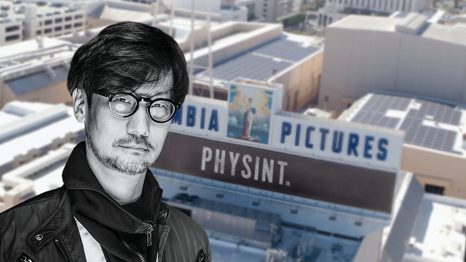 Black and white portrait of Kojima over the top of the Physint studios from Sony and Colombia Pictures. - 1