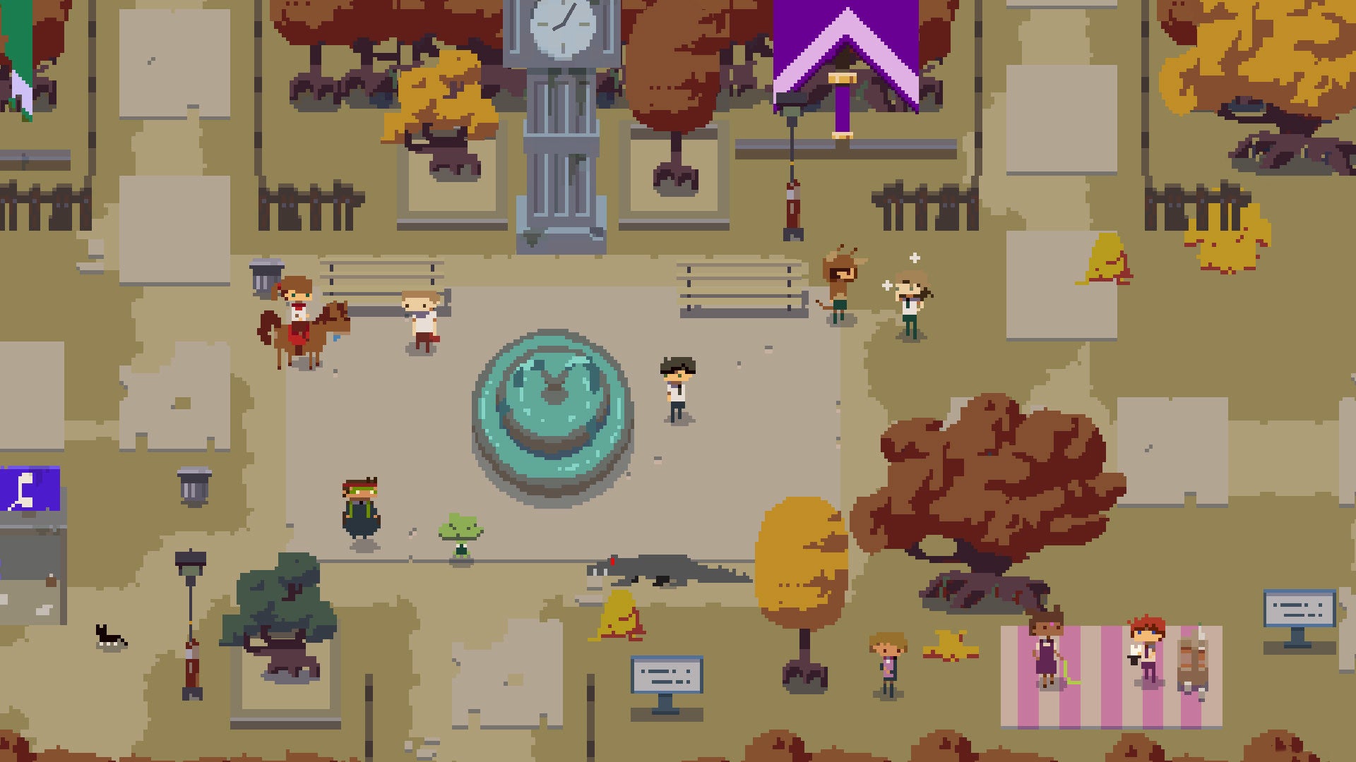 A scholl quadrangle seen from above in pixel art with a bright fountain at the centre in Kraken Academy!!