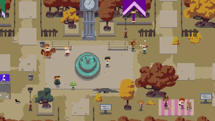 A scholl quadrangle seen from above in pixel art with a bright fountain at the centre in Kraken Academy!!