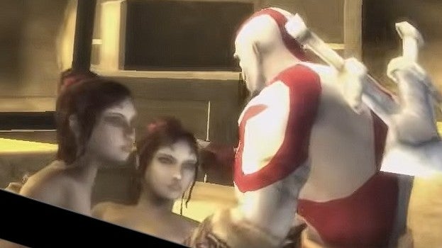 Kratos approaches two topless females whose nipples have been censored in God Of War Chains of Olympus