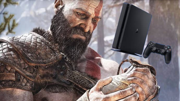 Kratos in God of War with a PS4 console and controller overlayed on top