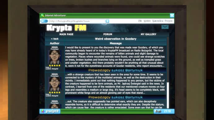 An old internet message board in Krypta FM with a wall of posts about local cryptid activity.