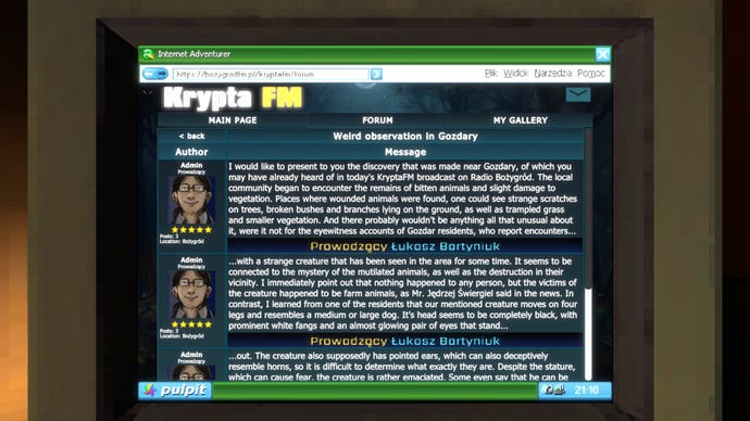 Old internet forum on Krypta FM radio with a wall of posts about local cryptid activity.