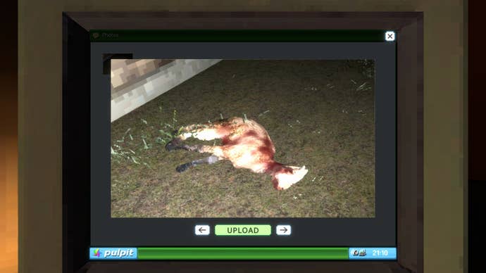 A photo of a savaged goat, shot at night under harsh flash, being uploaded to a message board in Krypta FM.