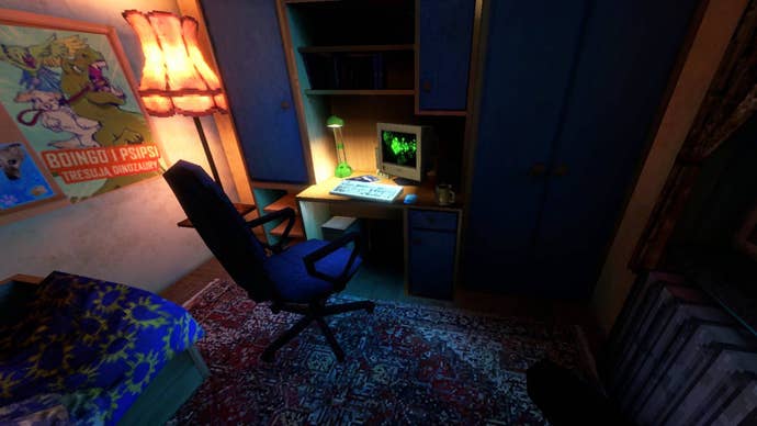 The player’s room on Krypta FM, showing a desk and computer chair and an old PC with a huge screen. The room is lit by a standard lamp.