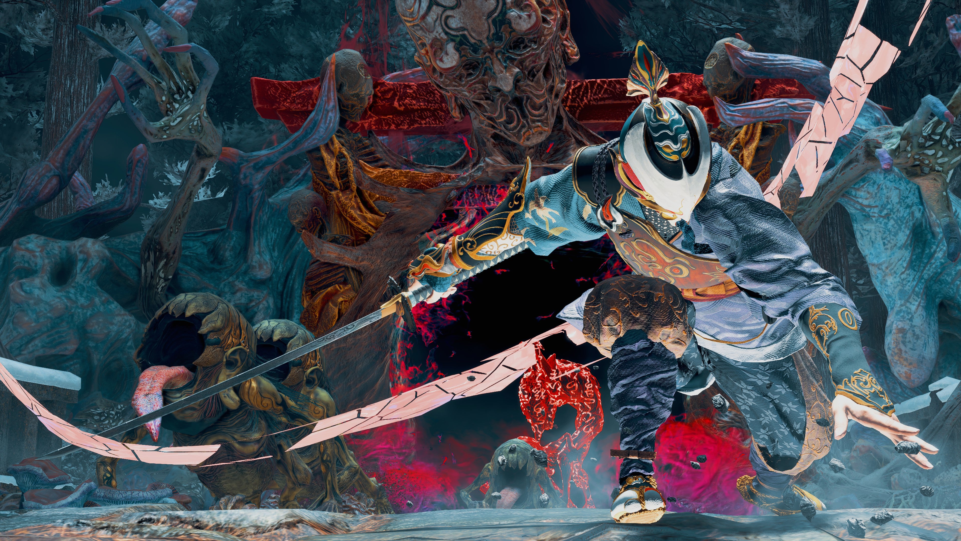 A masked warrior slices a japanese yokai monster with their sword in Kunitsu-Gami: Path of the Goddess