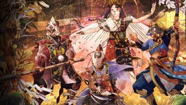 Header image for Kunitsu-Gami: Path of the Goddess, featuring a goddess and four bodyguards in traditional Japanese painter style.