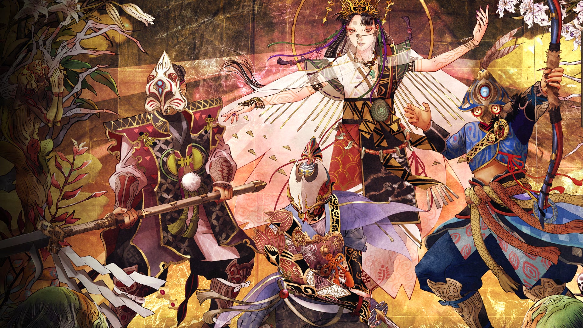 Header image for Kunitsu-Gami: Path of the Goddess, featuring a goddess and four bodyguards in traditional Japanese painter style. - 1