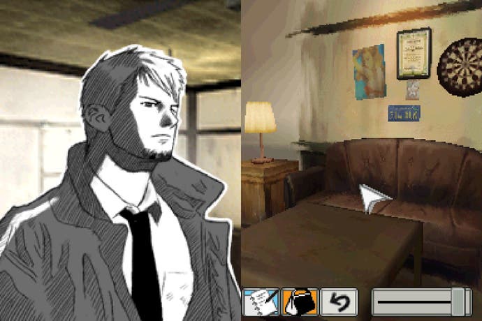 Kyle Hyde looks for clues in the lobby of Hotel Dusk