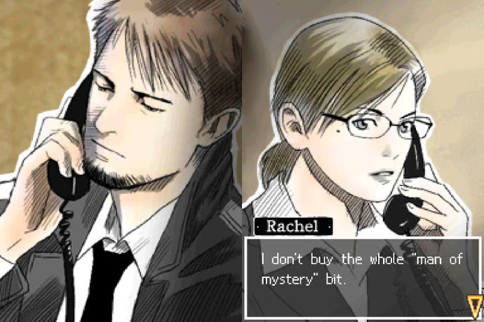Kyle Hyde is on the phone with a woman called Rachel in this screen from Hotel Dusk