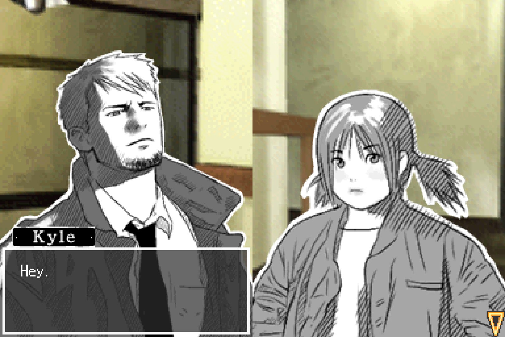 Kyle Hyde says &ldquo;Hey&rdquo; to a girl called Melissa in the screen from Hotel Dusk