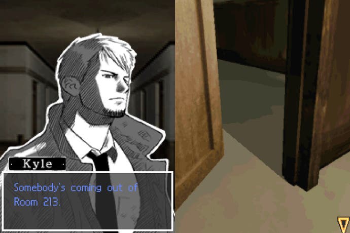 Kyle Hyde waits in the corridor in this screen from Hotel Dusk