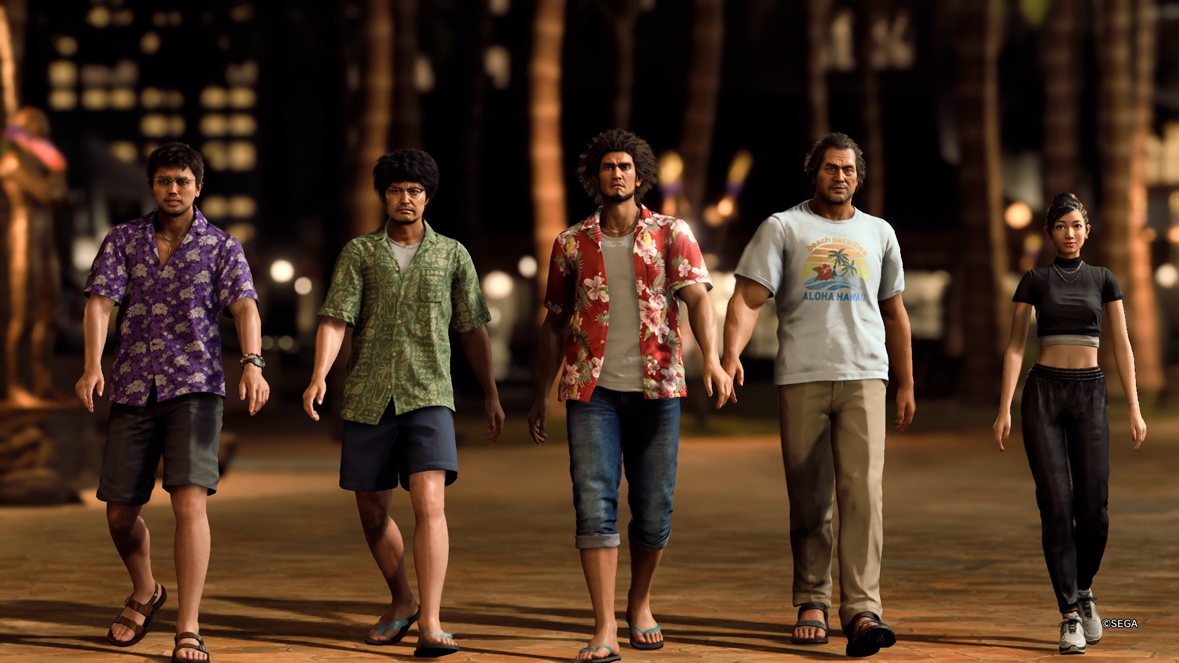 Ichiban, Tomi, Akachi, Chitose, and Nanba line up in a screenshot from Like A Dragon: Infinite Wealth.