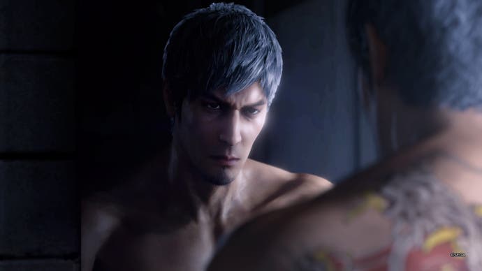 Screenshot from Like A Dragon: Infinite Wealth, showing Kiryu looking back at himself in the mirror.