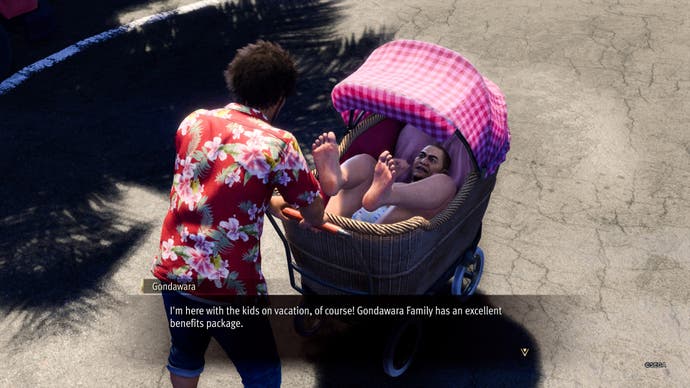 Screenshot from Like A Dragon: Infinite Wealth, showing a conversation with a literal man-baby in a pram.