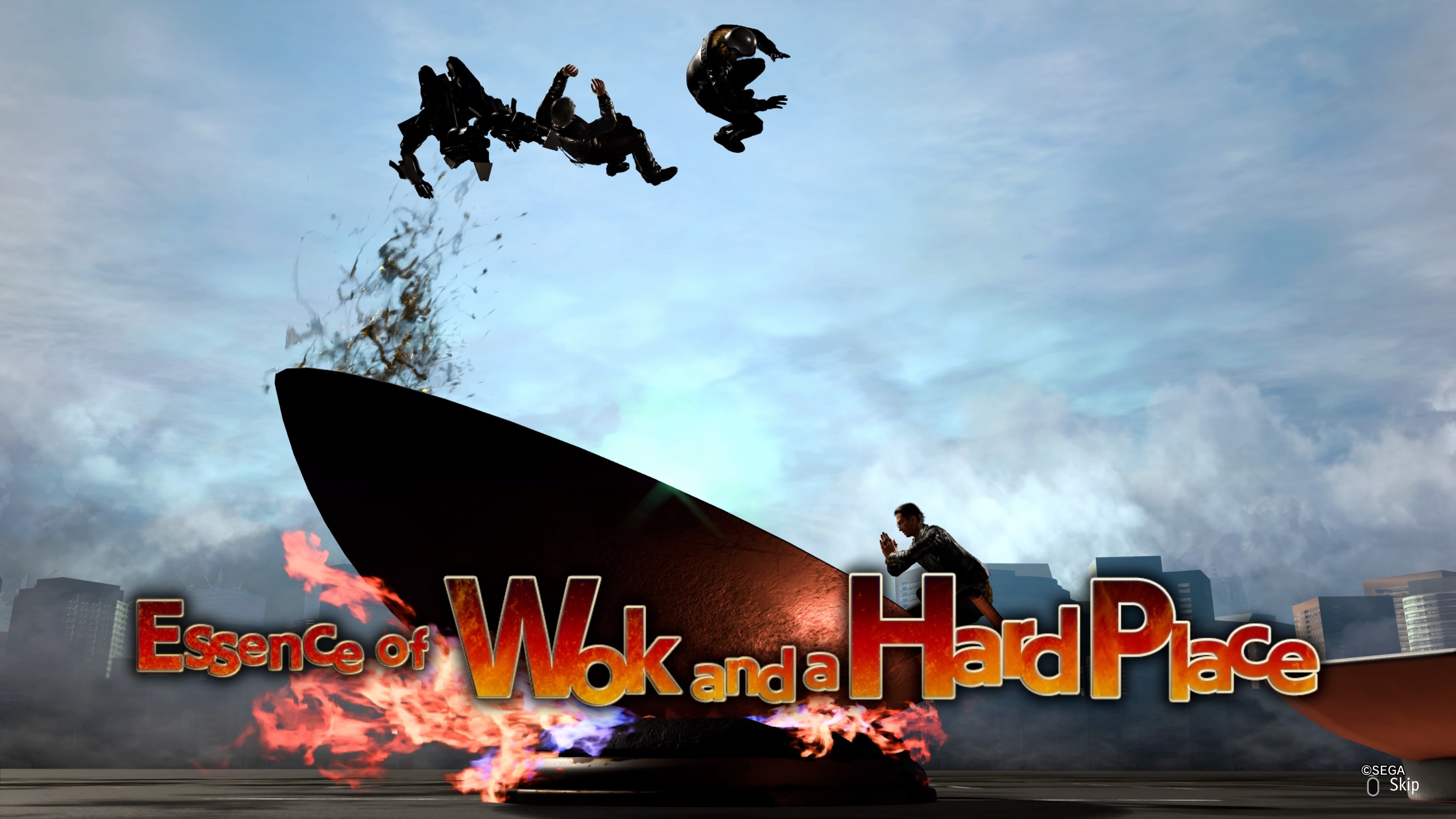 Screenshot from Like A Dragon: Infinite Wealth, showing enemies roasting inside a giant wok pan.