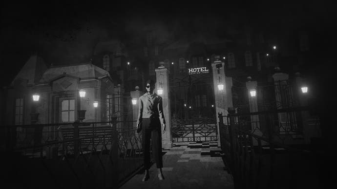 Lorelei and the Laser Eyes screenshot of woman standing outside ominous hotel all in black and white