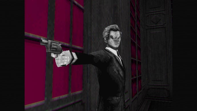 A lo-fi pixel man in a suit holds out a gun in Lorelei And The Laser Eyes