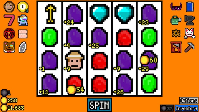 A slot machine screen of purple, red, green and blue objects  in Luck Be A Landlord