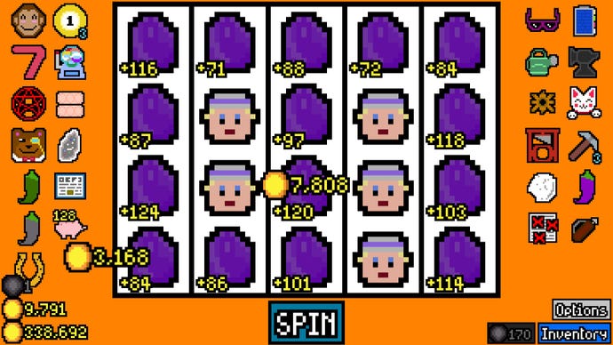 A slot machine screen of purple shapes and people's faces in  in Luck Be A Landlord