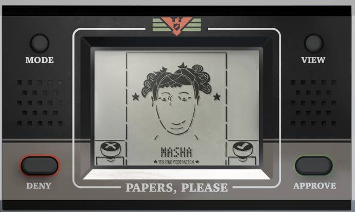 A screenshot of LCD, Please, a demake of dystopian political sim Papers, Please mocked up to look like a handheld LCD game.