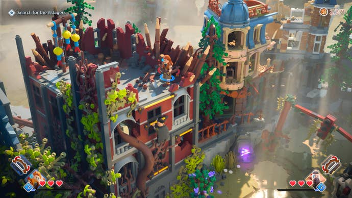 Aloy and Rost climb an intricate Lego ruin in Lego Horizon Adventures.