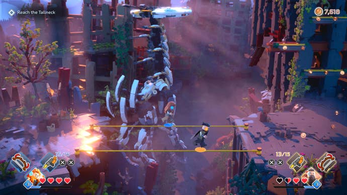 Aloy and Rost chase a Lego Tall Neck in Lego Horizon Adventures.