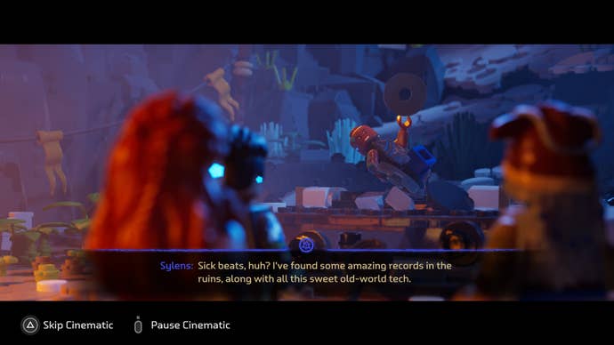 Sylens lies horizontally while talking about himself to Aloy in Lego Horizon Adventures.