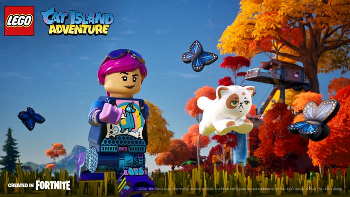 Oeuvre représentant un personnage Lego et un chat, tiré du mini-jeu Lego Fortnite Cat Island Adventure.