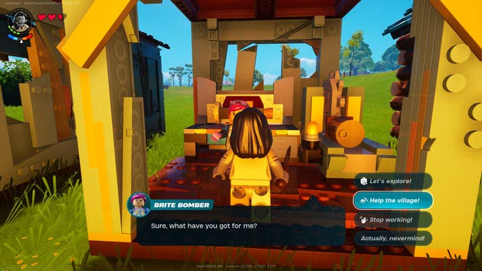 The player speaks with villager, Brite Bomber, in LEGO Fortnite