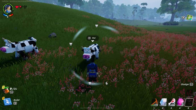 The player goes to pet a cow they have just fed in LEGO Fortnite