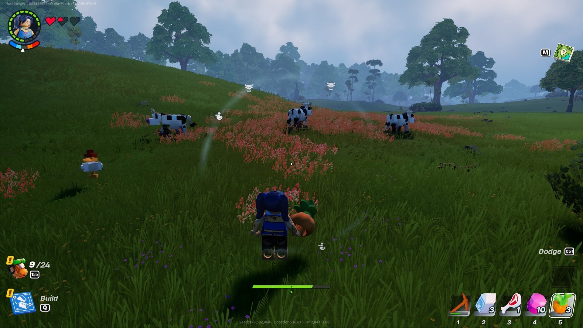 The player approaches some cows and chickens with a Pumpkin in hand in LEGO Fortnite - 1