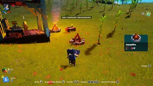 The player faces their shelter, Campfire, Grill and some plants in LEGO Fortnite