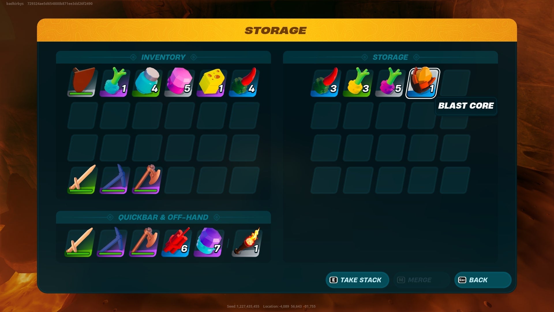 The player loots a Blast Core from a chest in a Lava Cave in LEGO Fortnite - 5