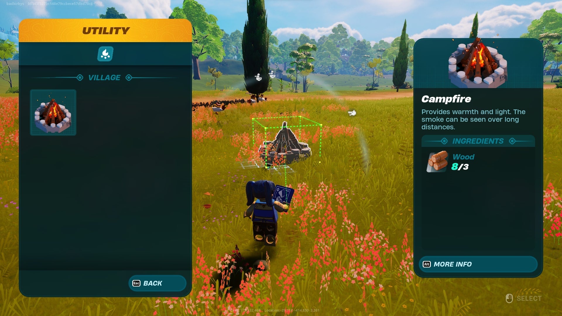 The player looks at the Campfire in the Utility section of the build menu in LEGO Fortnite