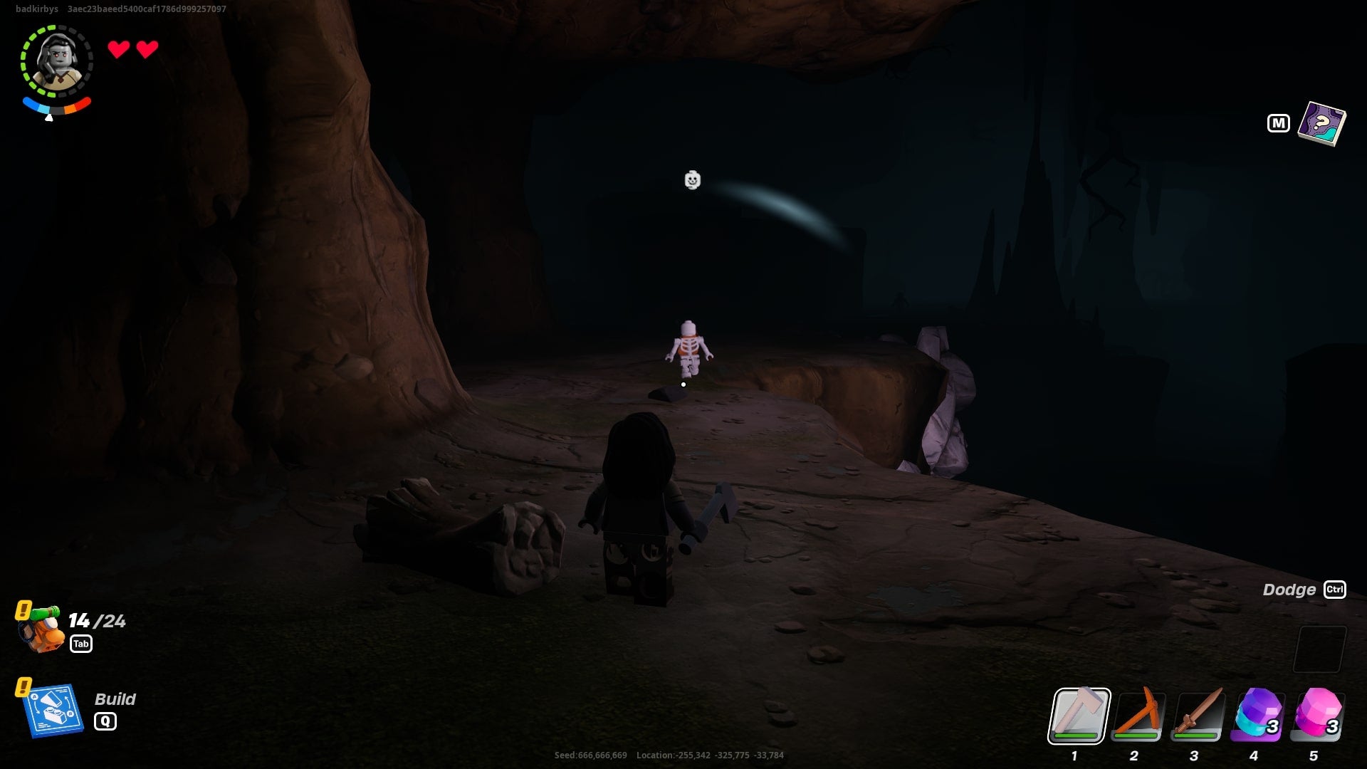 The player is inside a cave in LEGO Fortnite, near a skeleton - 5