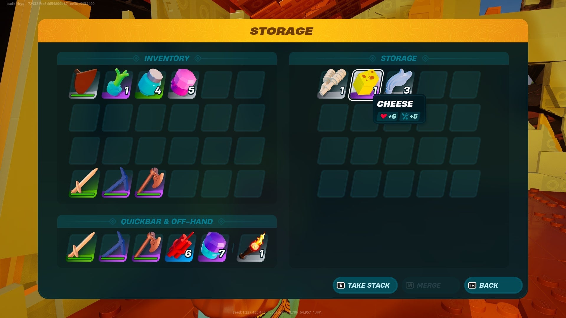 The player opens a chest with some cheese and materials inside in LEGO Fortnite