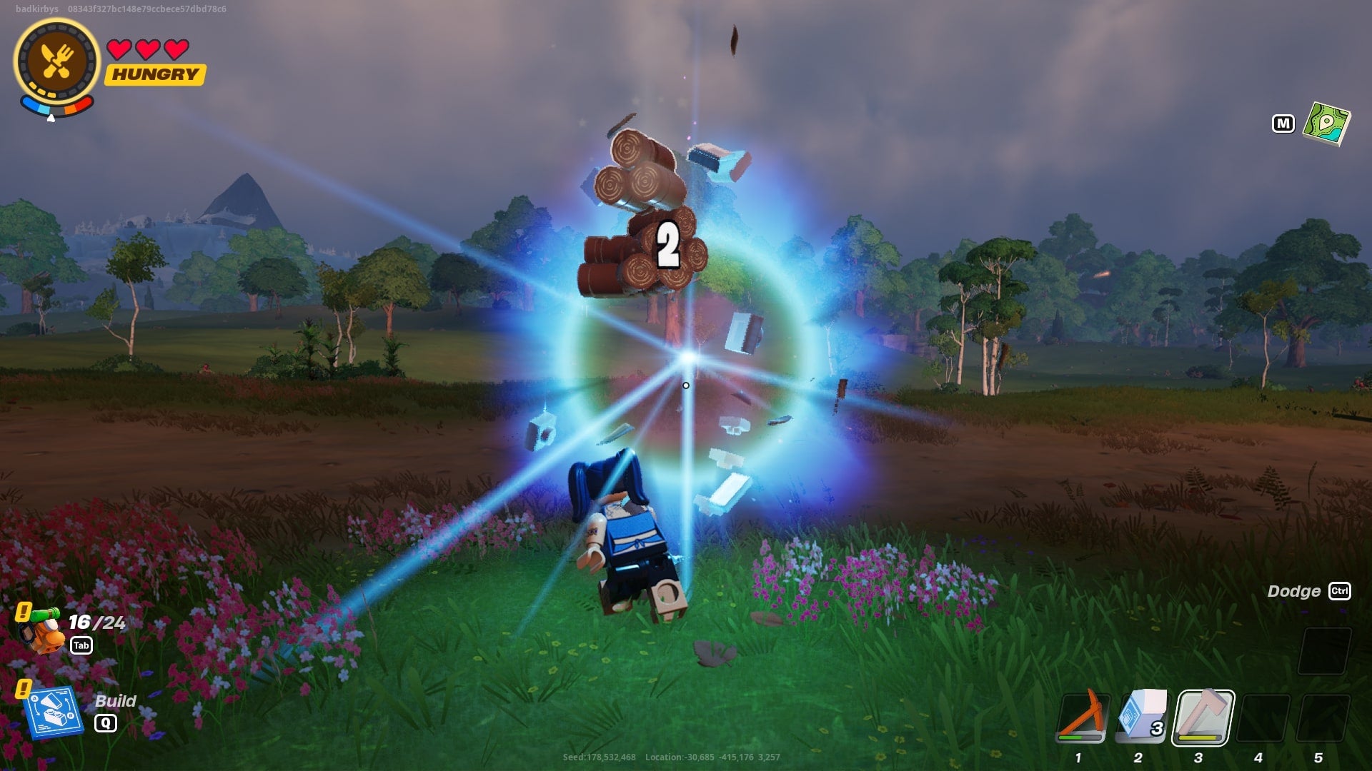 The player chops down a tree using a Forest Axe in LEGO Fortnite - 1